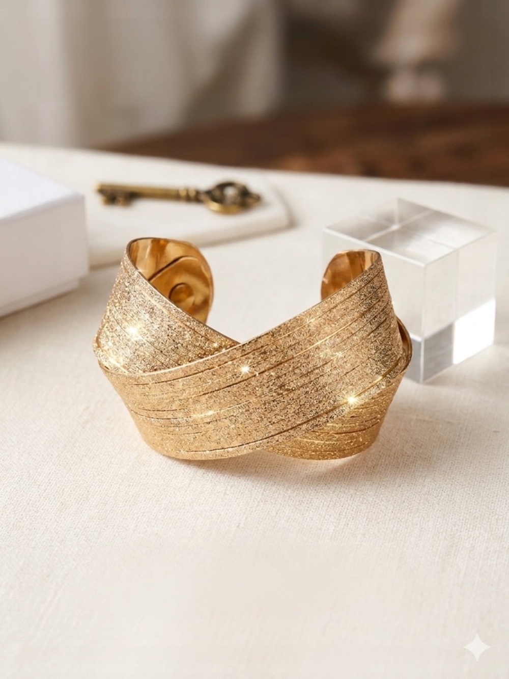 Vintage Textured Gold-Tone Crossover Cuff Bracelet